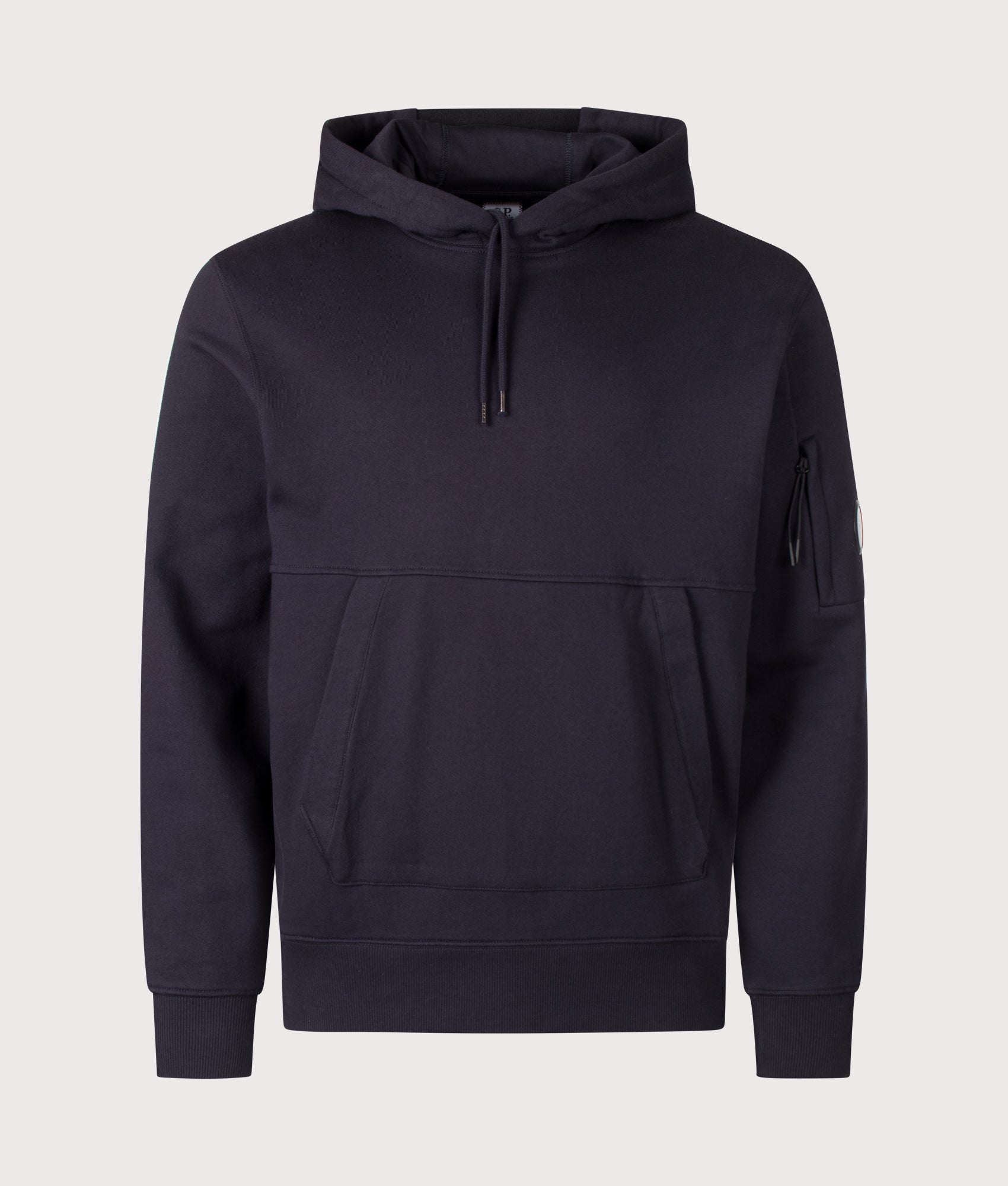 C.P. Company Diagonal Raised Fleece Hoodie in Total Eclipse at EQVVS Menswear. Front shot.