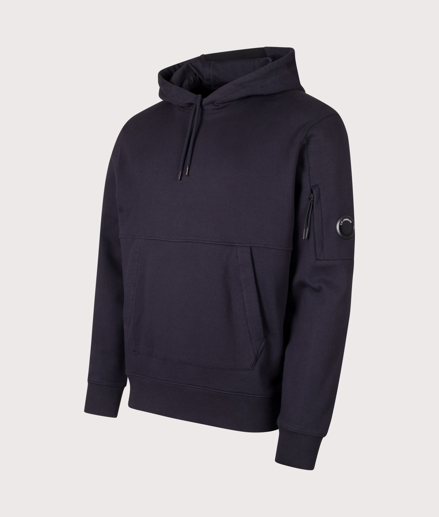 C.P. Company Diagonal Raised Fleece Hoodie in Total Eclipse at EQVVS Menswear. Angled front shot.