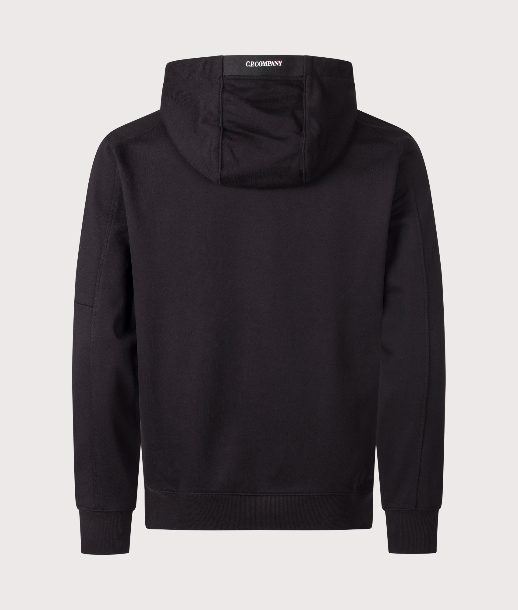C.P. Company Diagonal Raised Fleece Hoodie in Black at EQVVS Menswear. Back shot.