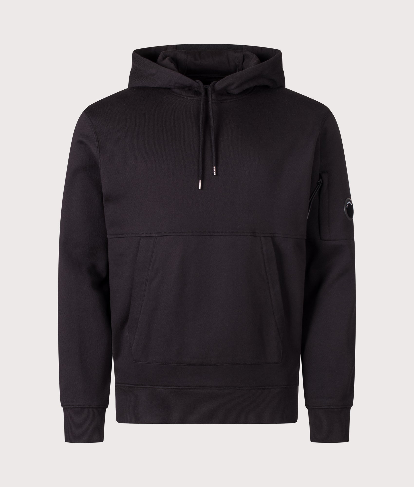 C.P. Company Diagonal Raised Fleece Hoodie in Black at EQVVS Menswear. Front shot.