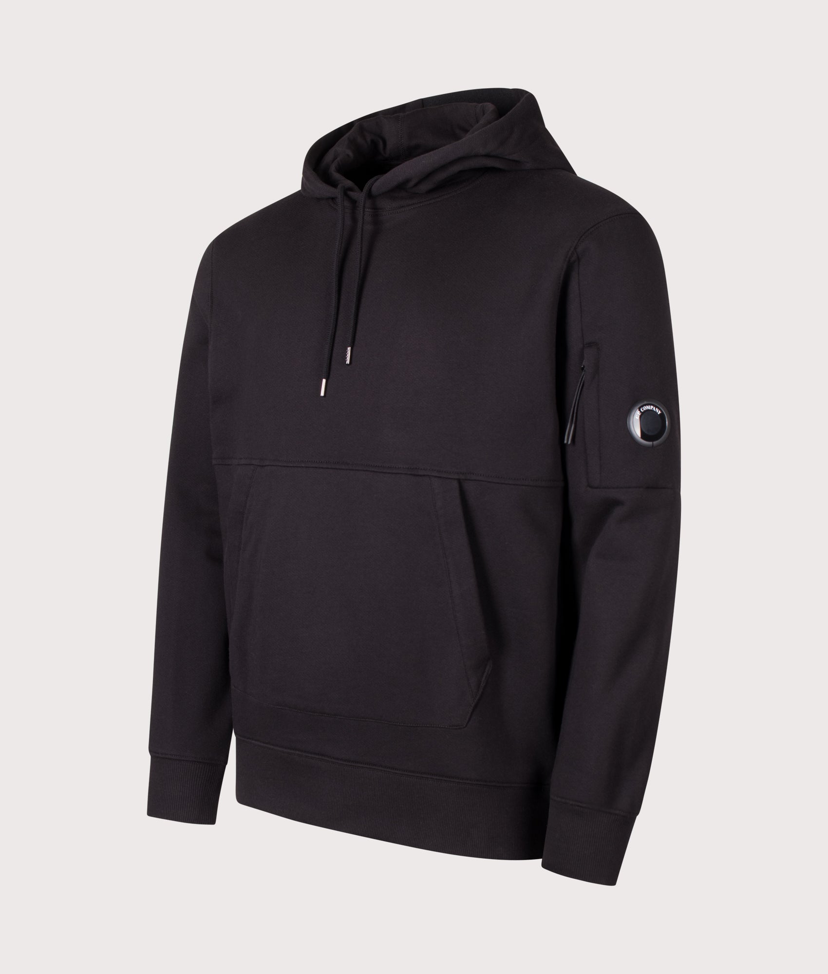 C.P. Company Diagonal Raised Fleece Hoodie in Black at EQVVS Menswear. Angled front shot.