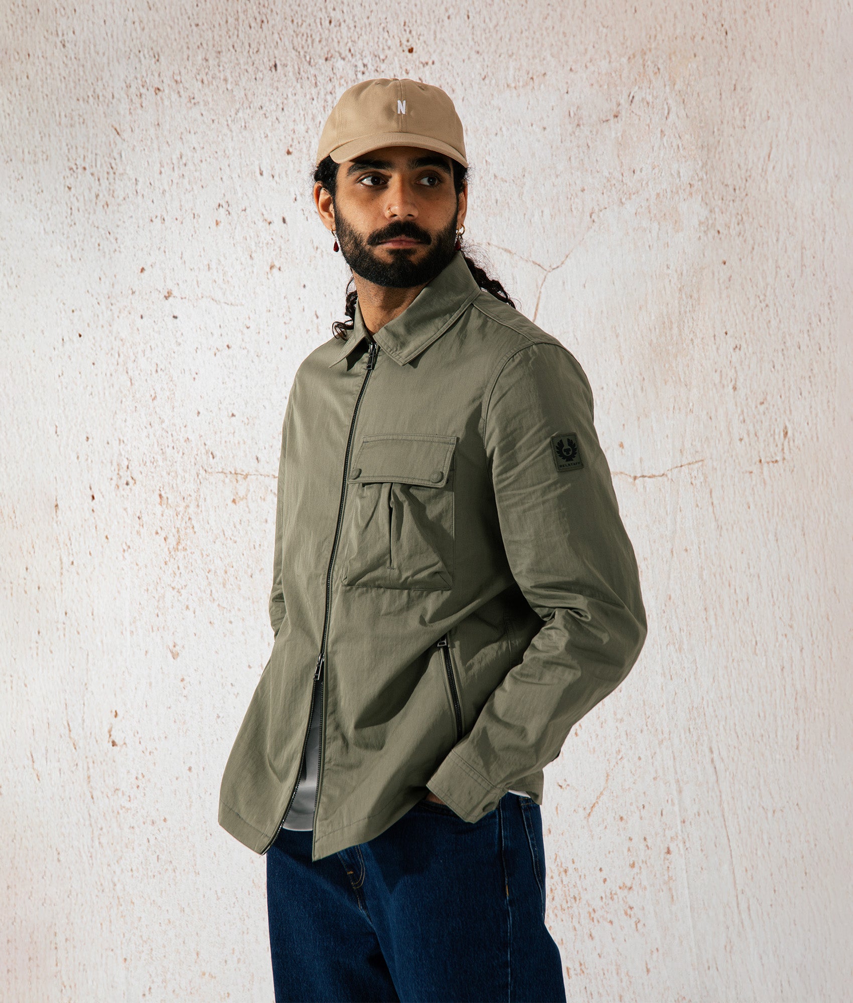 Belstaff Drome Overshirt in Surplus Green, Cotton/Nylon blend. At EQVVS Menswear. Campaign shot