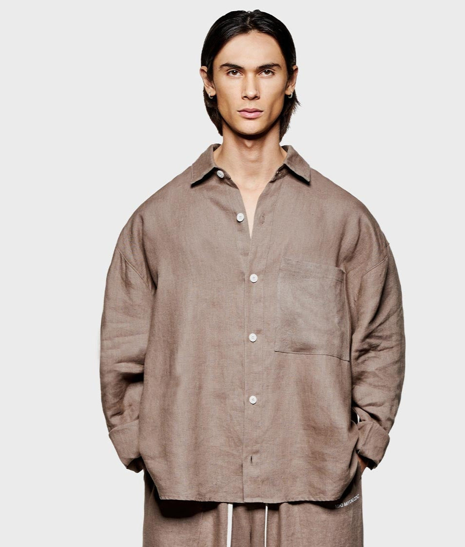 Linen Box Dress Shirt. Shot by EQVVS. Front model shot.