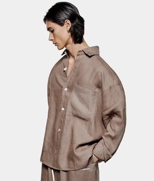 Linen Box Dress Shirt. Shot by EQVVS. Side angled model shot.
