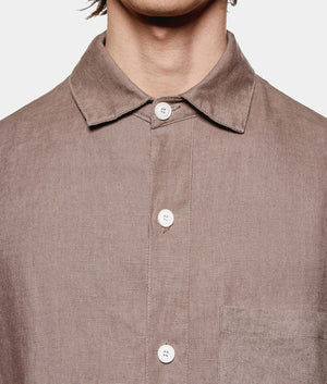 Linen Box Dress Shirt. Shot by EQVVS. Front model detail shot.