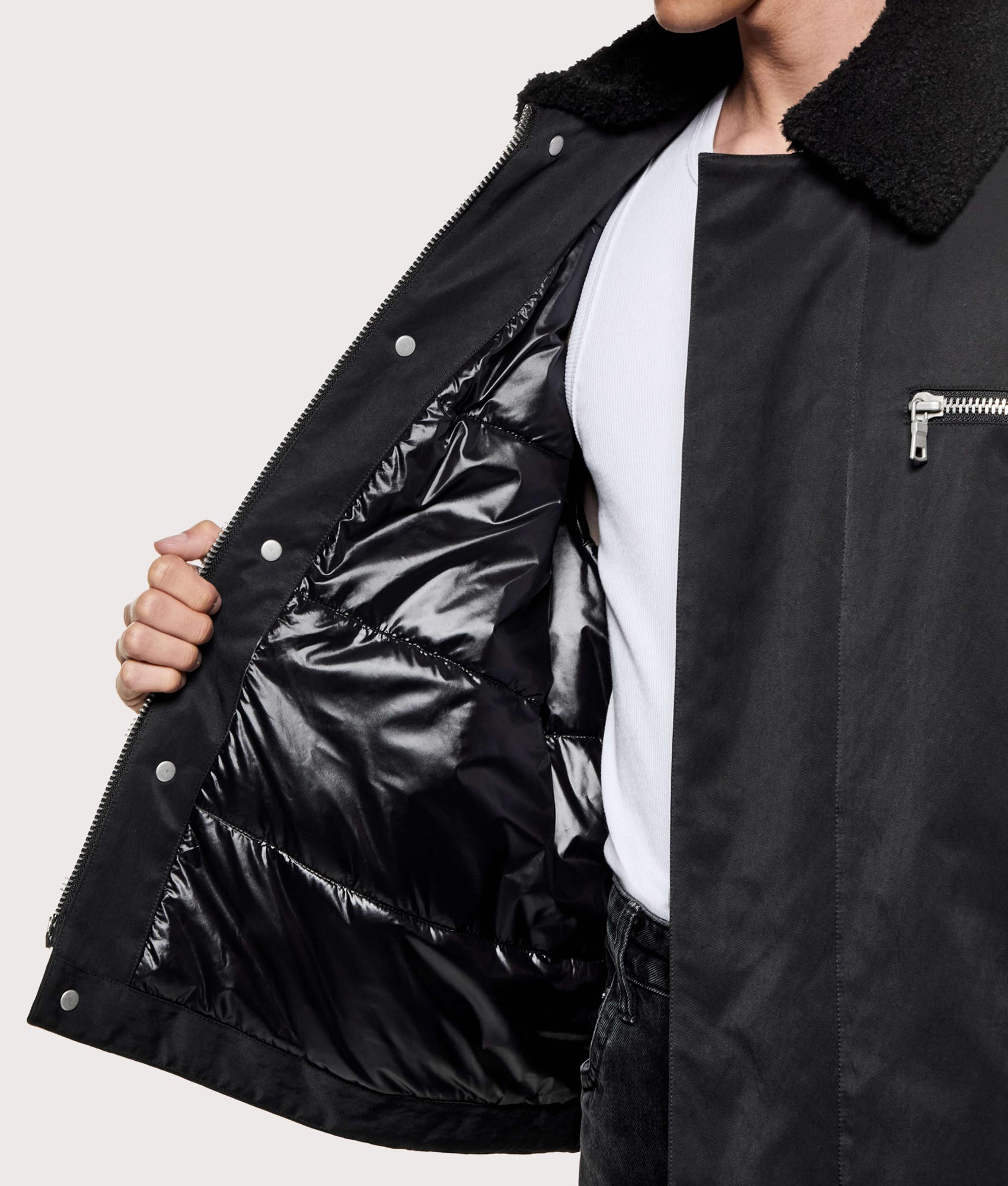 MKI MIYUKI ZOKU Padded Nylon Box Jacket in Black at EQVVS Menswear. Inside liner shot.