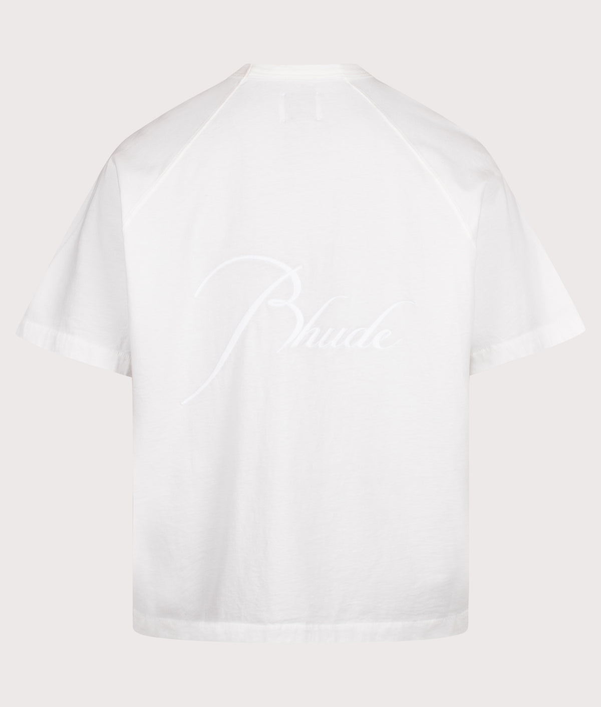 RHUDE Oversized Fit Classique Raglan T-Shirt in White at EQVVS Menswear. Back shot.