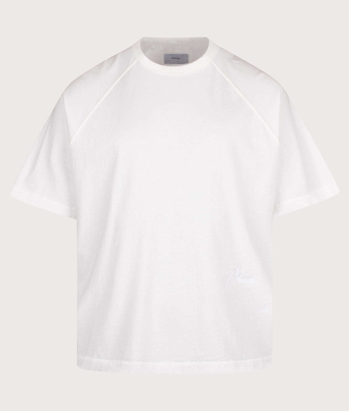 RHUDE Oversized Fit Classique Raglan T-Shirt in White at EQVVS Menswear. Front shot.