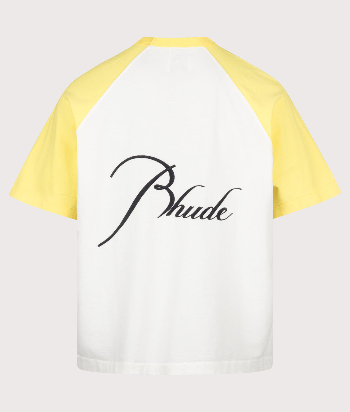 RHUDE Oversized Fit Classique Washed Raglan T-Shirt in Washed Sahara Yellow, White and Black at EQVVS Menswear. Back shot.