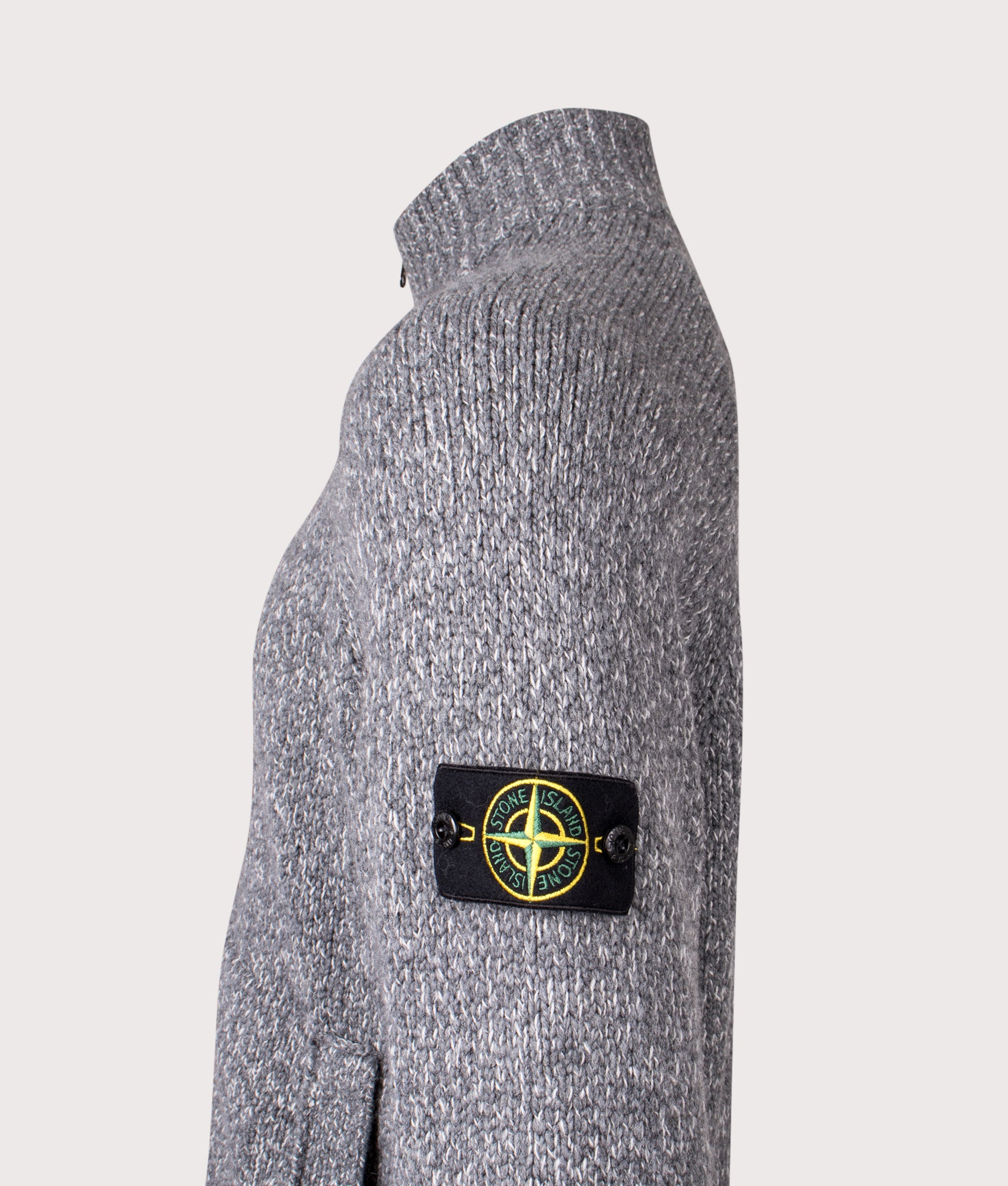 Zip Through Cardigan in Cement Melange. Wool blend | Stone Island | Shot at EQVVS | Side detail shot 