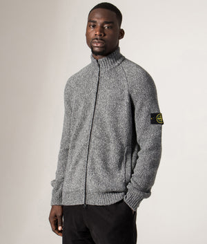 Zip Through Cardigan in Cement Melange. Wool blend | Stone Island | Shot at EQVVS | Side model shot 