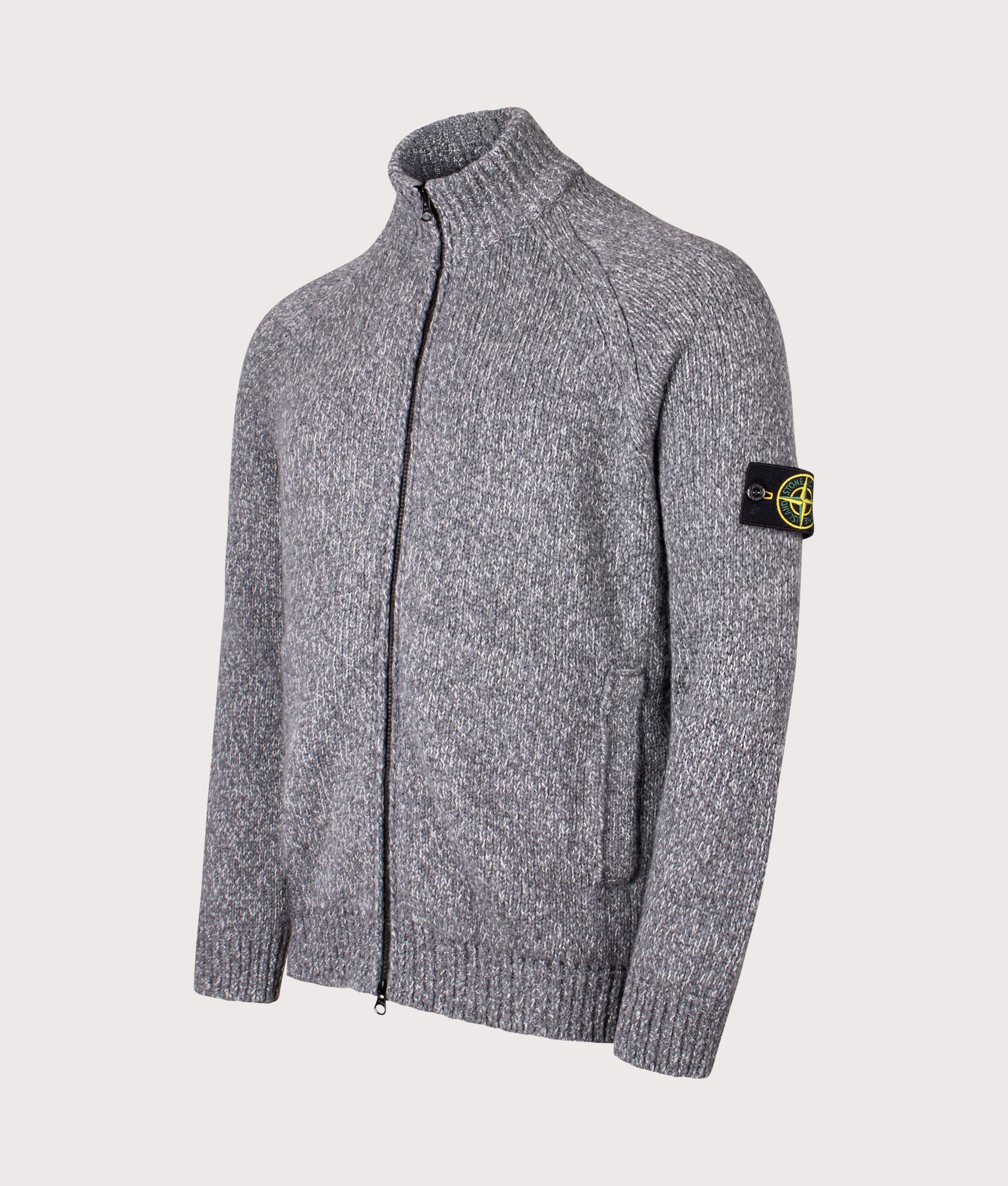 Zip Through Cardigan in Cement Melange. Wool blend | Stone Island | Shot at EQVVS | Front angle shot 