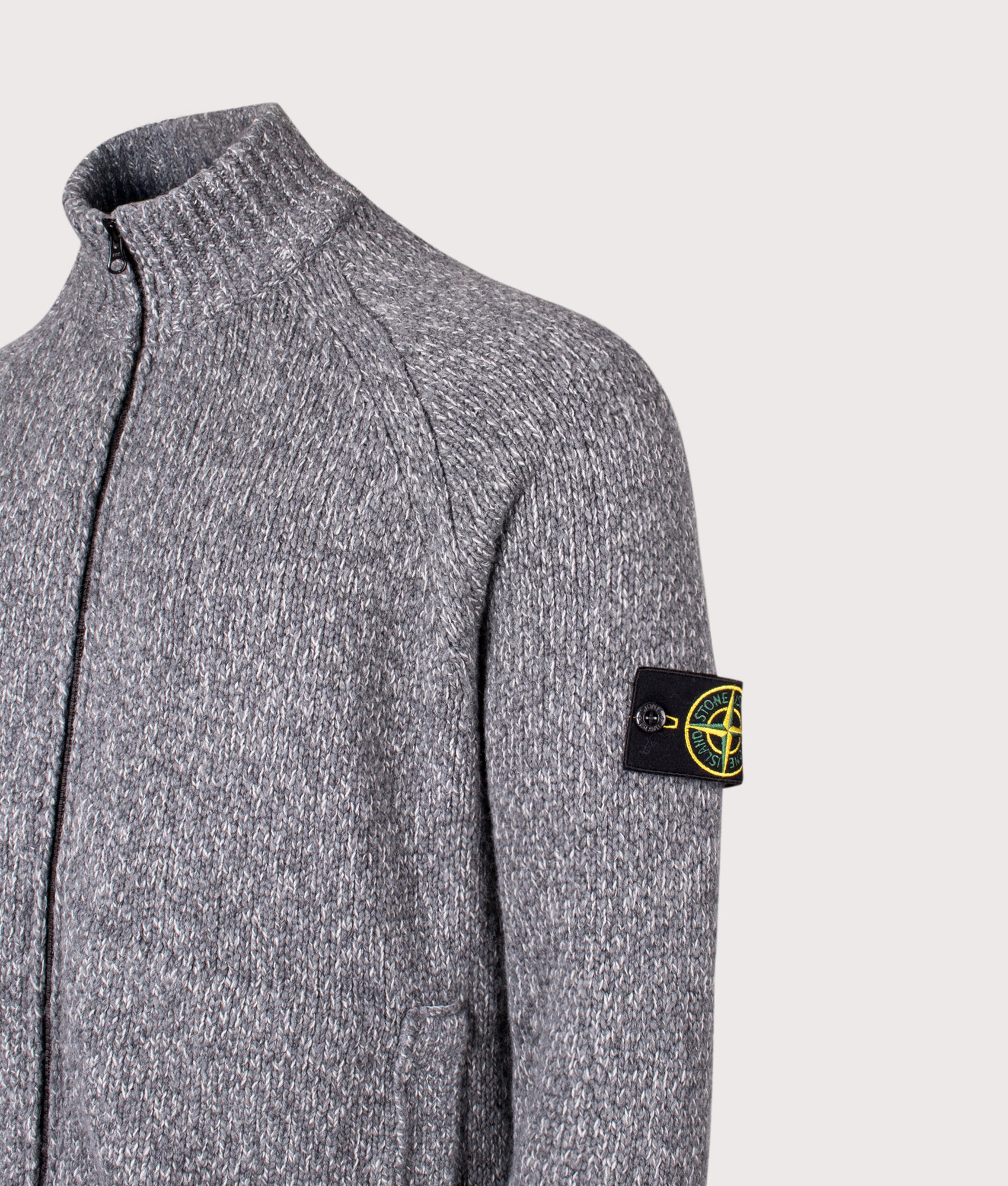 Zip Through Cardigan in Cement Melange. Wool blend | Stone Island | Shot at EQVVS | Front angle detail shot 