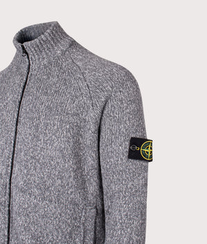 Zip Through Cardigan in Cement Melange. Wool blend | Stone Island | Shot at EQVVS | Front angle detail shot 