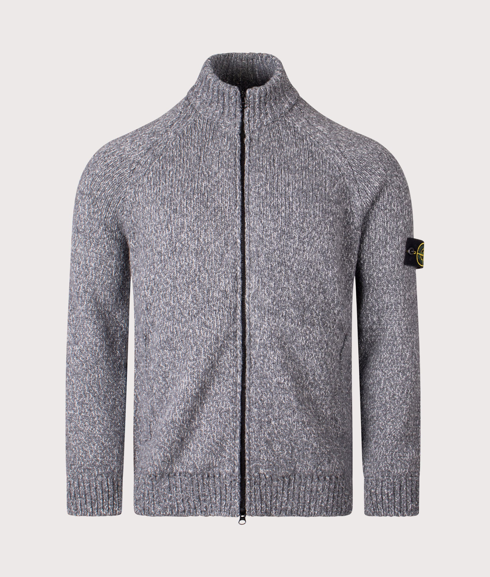 Zip Through Cardigan in Cement Melange. Wool blend | Stone Island | Shot at EQVVS | Front shot 