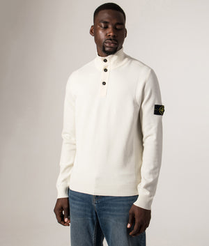 Button Neck Reverse Stitch Jumper in Ivory . Wool blend | Stone Island | Shot at EQVVS | Front angle model shot 