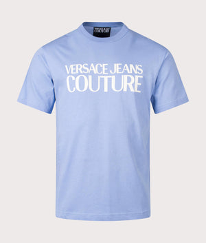 Rubberised Logo Colour Print T-Shirt in Cerulean by Versace Jeans Couture. EQVVS Front Angle Shot.