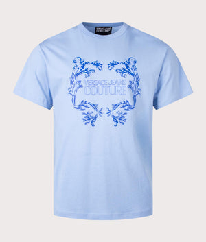 Rubberised Logo Baroque T-Shirt in Cerulean by Versace Jeans Couture. EQVVS Front Angle Shot.