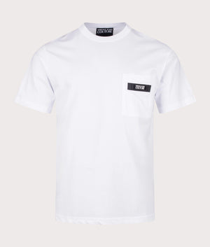 Rubberised Patch Logo T-Shirt in White by Versace Jeans Couture. EQVVS Front Angle Shot.