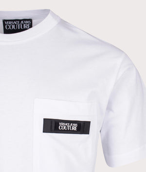 Rubberised Patch Logo T-Shirt in White by Versace Jeans Couture. EQVVS Detail Shot.
