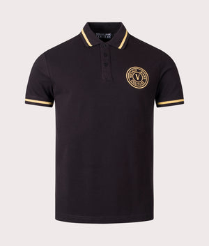 S V Emblem Gold Embroidered Polo Shirt in Black Gold by Versace Jeans Couture. EQVVS Front Angle Shot.