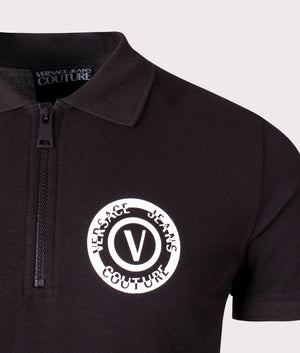 S V Emblem Seasonal Polo Shirt in Black by Versace Jeans Couture. EQVVS Detail Shot.