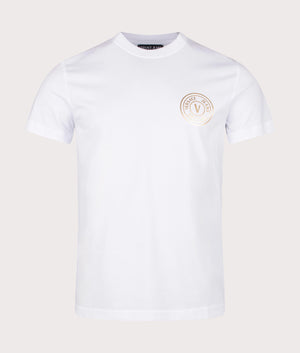 S V Emblem T.Foil T-Shirt in White/Gold by Versace Jeans Couture. EQVVS Front Angle Shot.