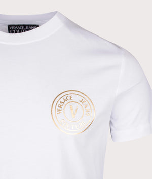 S V Emblem T.Foil T-Shirt in White/Gold by Versace Jeans Couture. EQVVS Detail Shot.