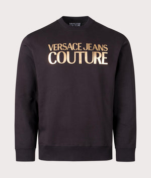 Relaxed Fit Logo T Foil Sweatshirt in Black Gold by Versace Jeans Couture. EQVVS Front Angle Shot.