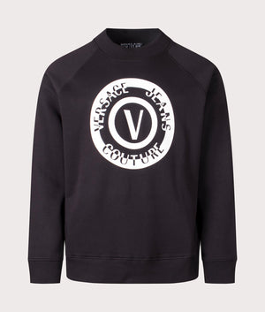Relaxed Fit V Emblem Seas Sweatshirt in Black by Versace Jeans Couture. EQVVS Front Angle Shot.