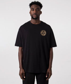 Relaxed Fit L V Emblem T.Foil T-Shirt in Black by Versace Jeans Couture. EQVVS Front Angle Shot.