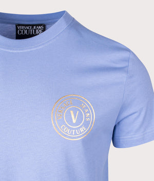 S V Emblem T.Foil T-Shirt in Cerulean Gold by Versace Jeans Couture. EQVVS Detail Shot.