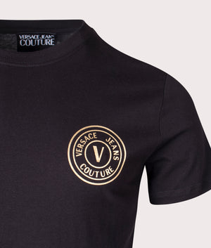 S V Emblem T Foil T-Shirt in Black Gold by Versace Jeans Couture. EQVVS Detail Shot.