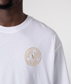 Relaxed Fit L V Emblem T Foil T-Shirt in White by Versace Jeans Couture. EQVVS Detail Shot.