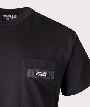 Rubberised Patch Logo T-Shirt in Black by Versace Jeans Couture. EQVVS Detail Shot.