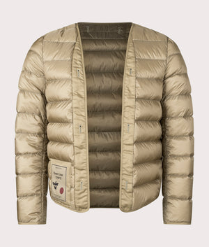 Down Liner Puffer Jacket by Ten c in Light Khaki. Shot by EQVVS. Front shot.
