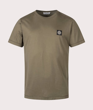 Stone Island Slim Fit Patch T-Shirt in Military Green at EQVVS Menswear. Front shot.
