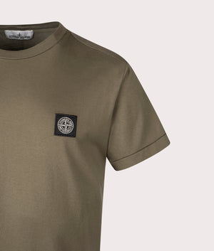 Stone Island Slim Fit Patch T-Shirt in Military Green at EQVVS Menswear. Detail shot.