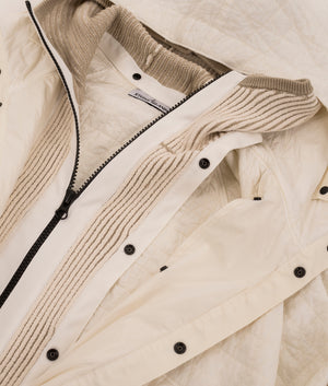 Stone Island Crinkles Reps NY Quilted-TC Jacket in Ivory at EQVVS Menswear. Front zip detail shot. 