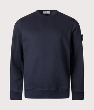 Brushed Organic Cotton Sweatshirt in Dark Navy. 100% Cotton | Stone Island | Shot at EQVVS | Front shot 