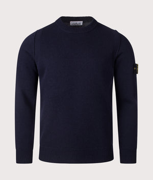 Wool Crew Neck Jumper by Stone Island in Navy. Shot by EQVVS. Shot by EQVVS. Front shot.
