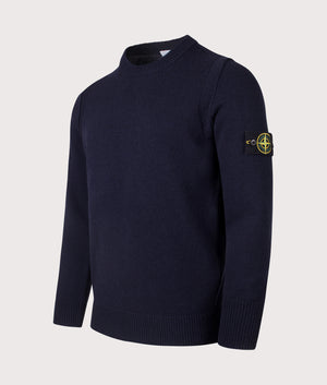Wool Crew Neck Jumper by Stone Island in Navy. Shot by EQVVS. Shot by EQVVS. Front detail shot.