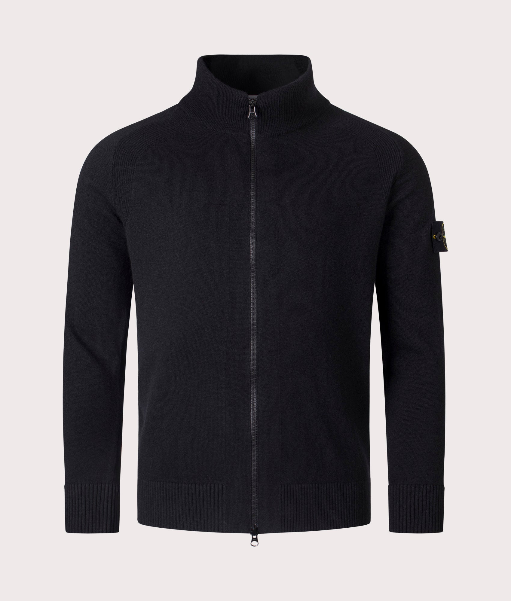 Stone Island Geelong Wool Zip Through Jumper in Black at EQVVS Menswear. Front shot.