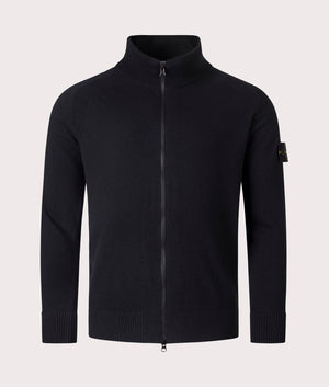 Stone Island Geelong Wool Zip Through Jumper in Black at EQVVS Menswear. Front shot.
