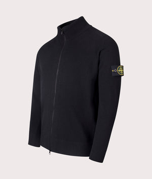 Stone Island Geelong Wool Zip Through Jumper in Black at EQVVS Menswear. Angled Front shot.
