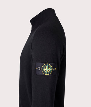 Stone Island Geelong Wool Zip Through Jumper in Black at EQVVS Menswear. Side detail shot.
