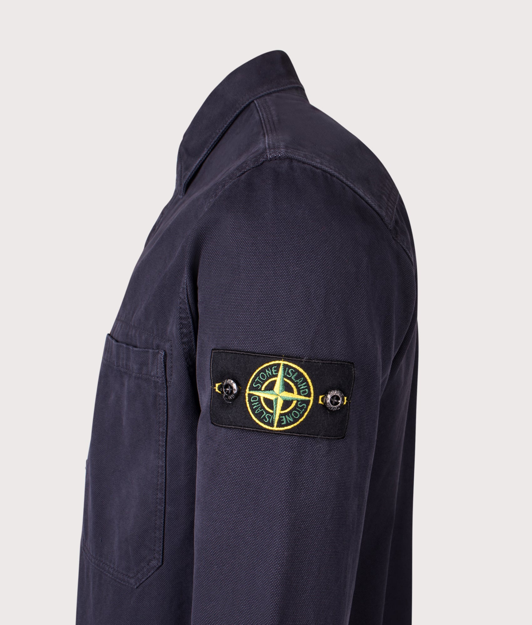 Stone Island Overshirt in the Ink Blue at EQVVS Menswear. Detail shot.