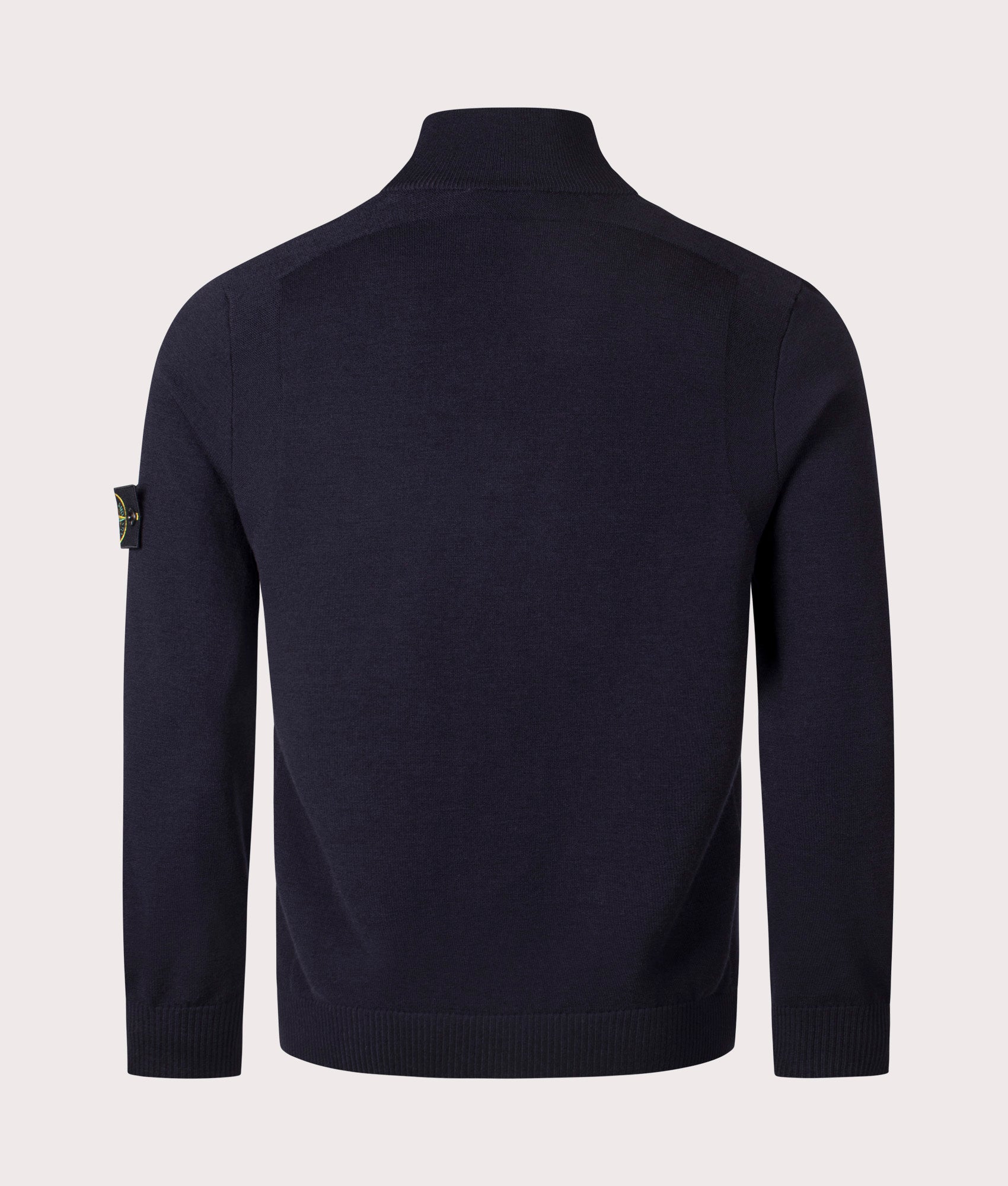 Stone Island Button Neck Reverse Stitch Jumper in Navy Blue at EQVVS Menswear. Back shot.