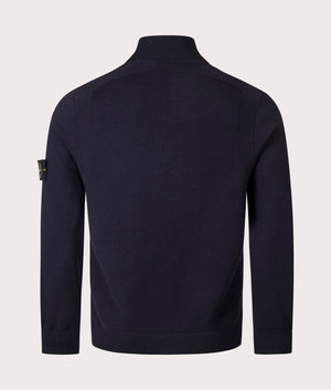 Stone Island Button Neck Reverse Stitch Jumper in Navy Blue at EQVVS Menswear. Back shot.