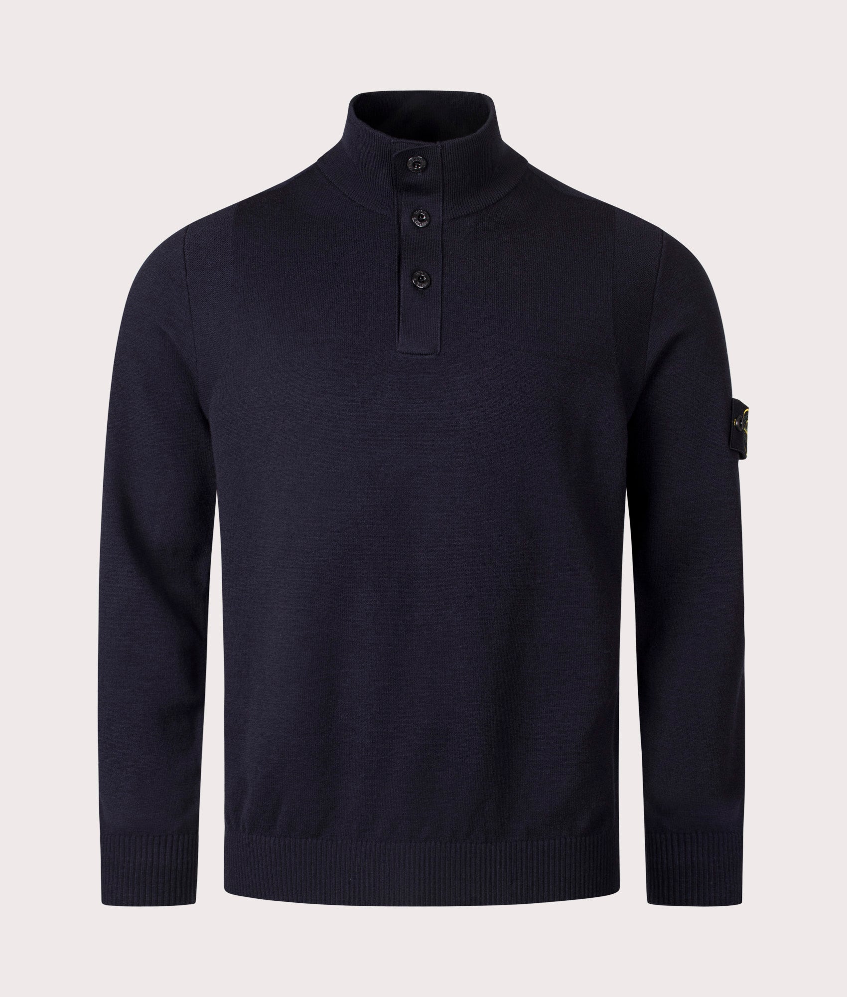 Stone Island Button Neck Reverse Stitch Jumper in Navy Blue at EQVVS Menswear. Front shot.